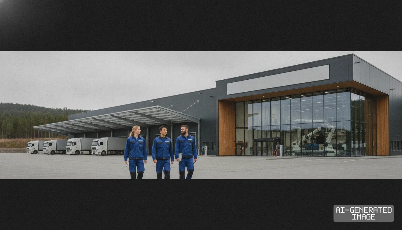 Three technicians in blue uniforms walk outside the battery maintenance center in Norway, with trucks parked nearby. (AI-generated image)