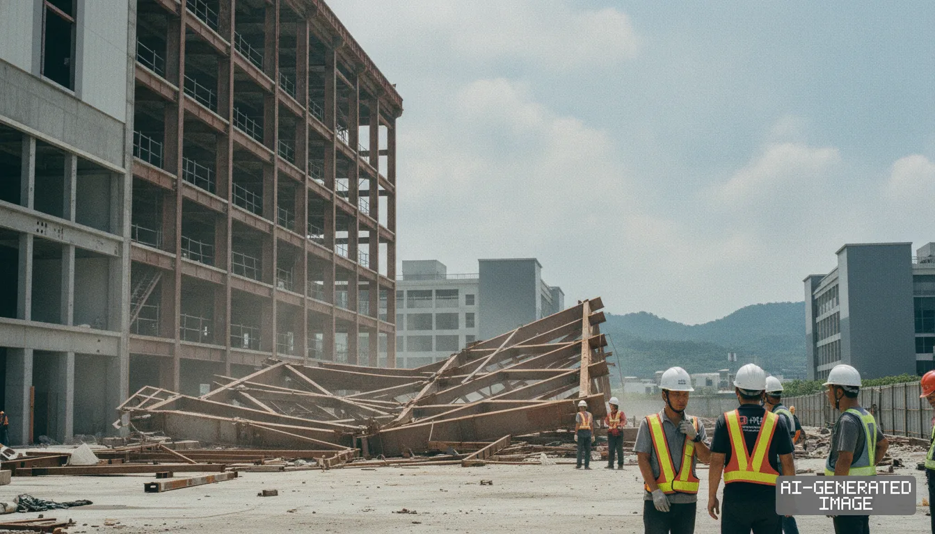 Workers in hard hats and safety vests stand near a collapsed steel structure at the TSMC Fab 22 expansion site. (AI-generated image)