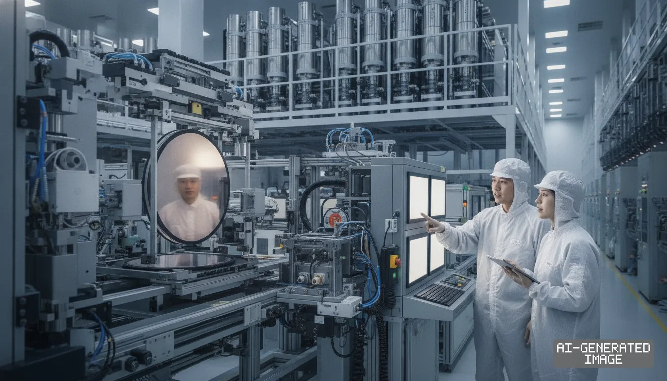 Technicians in cleanroom suits monitor automated semiconductor machinery inside an advanced memory chip production plant. (AI-generated image)