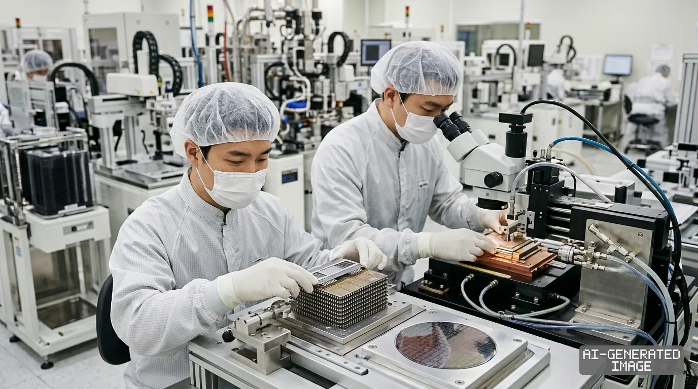Technicians in cleanroom suits inspect semiconductor components and a silicon wafer inside a chip manufacturing facility. (AI-generated image)
