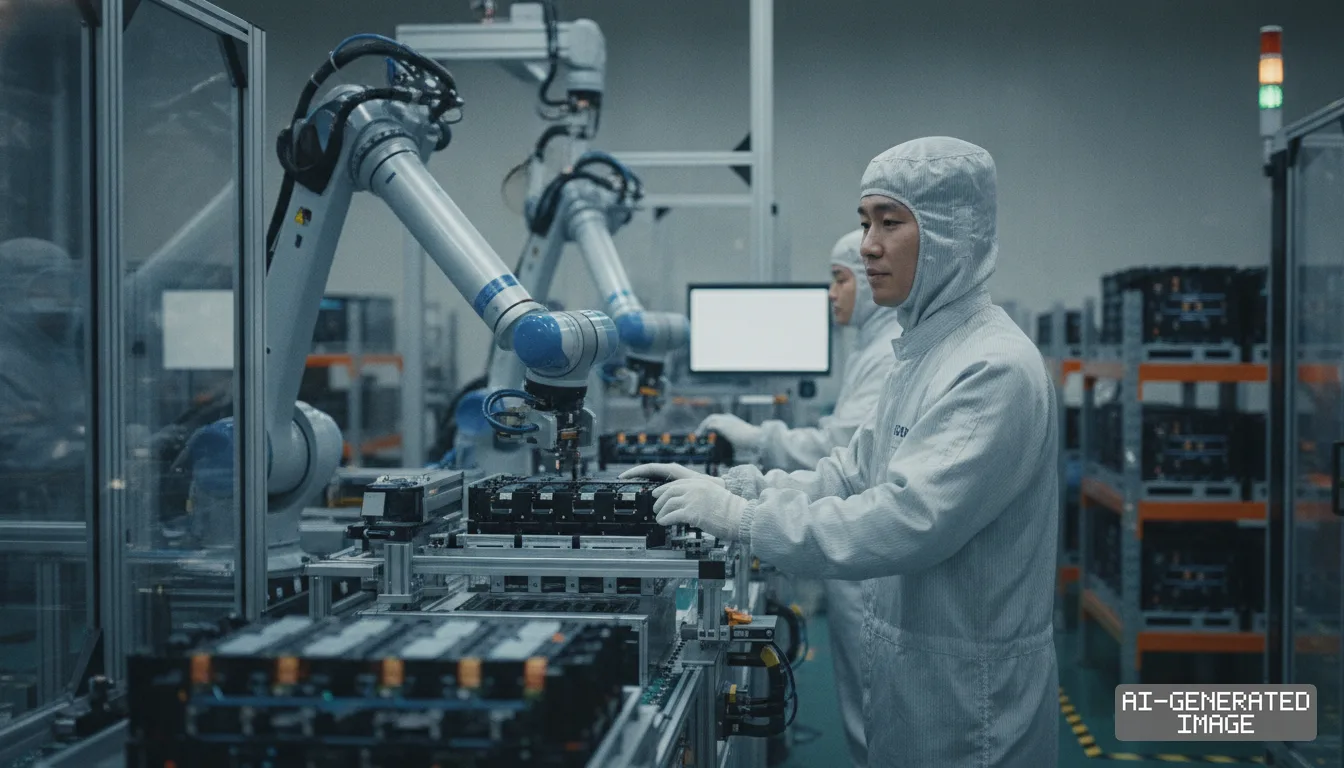 Workers in cleanroom suits assemble secondary battery modules alongside robotic arms on an automated production line. (AI-generated image)