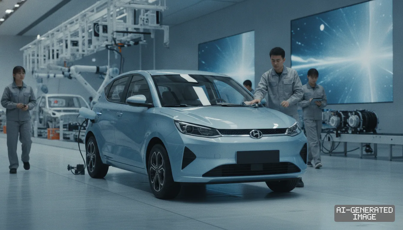Factory workers inspect a light blue electric hatchback on an assembly line inside an automotive manufacturing plant. (AI-generated image)
