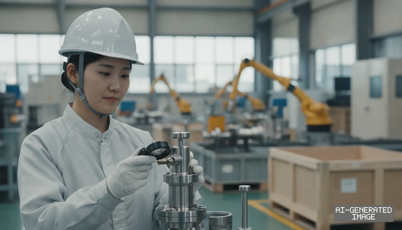 A technician inspects a precision valve component with a magnifying glass inside a manufacturing facility. (AI-generated image)