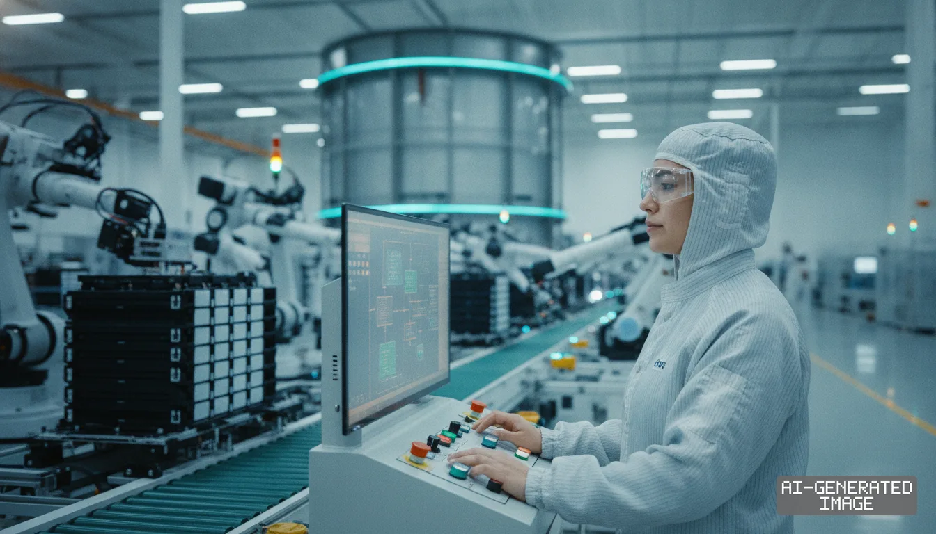 A technician in protective gear monitors an automated battery assembly line using a computerized control terminal. (AI-generated image)