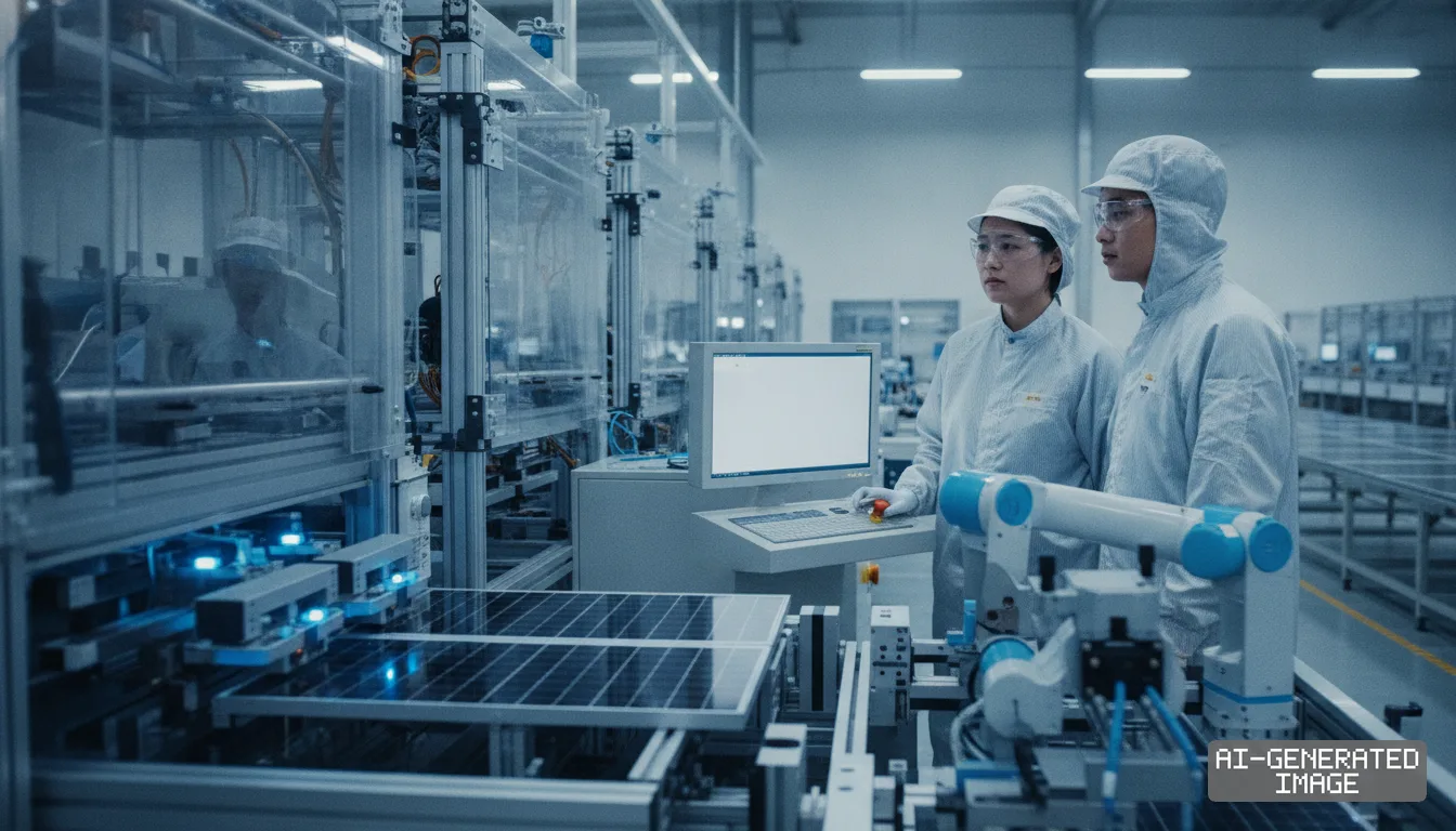Technicians in protective suits monitor automated machinery producing solar panels inside a photovoltaic manufacturing facility. (AI-generated image)