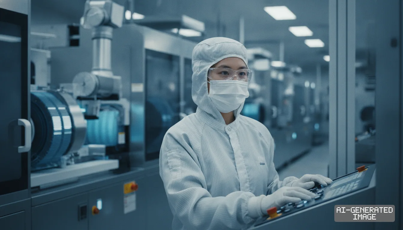 A technician in cleanroom protective gear operates a control console inside an advanced semiconductor manufacturing plant. (AI-generated image)