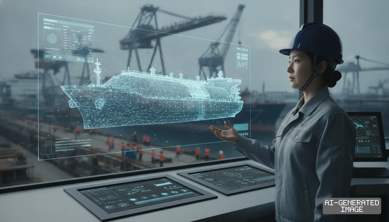 A shipyard worker examines a holographic digital twin of a vessel from a control room overlooking the yard. (AI-generated image)