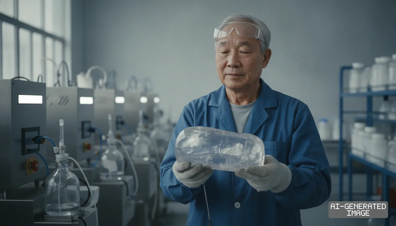 A technician holds a large synthetic crystal inside an industrial materials processing facility. (AI-generated image)