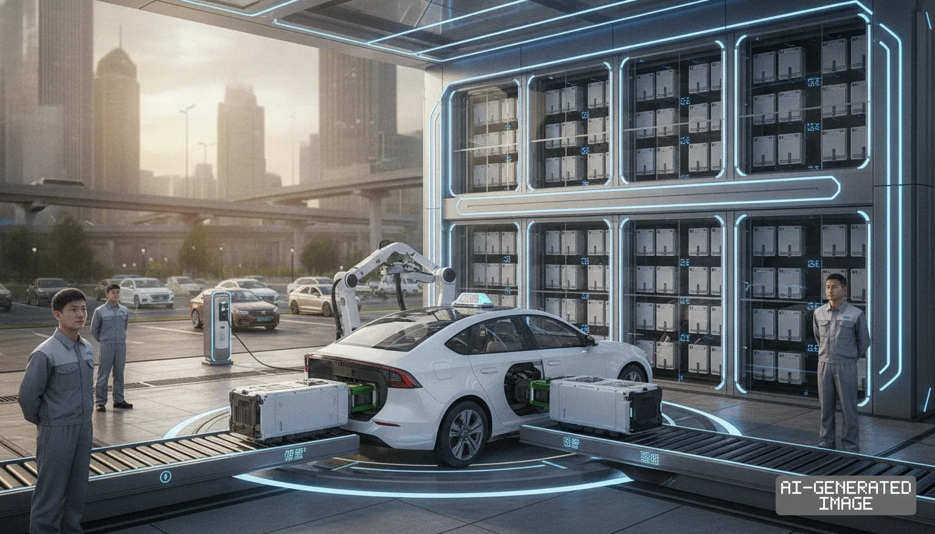 Workers stand beside an electric vehicle undergoing an automated battery swap along conveyor tracks at a charging facility. (AI-generated image)