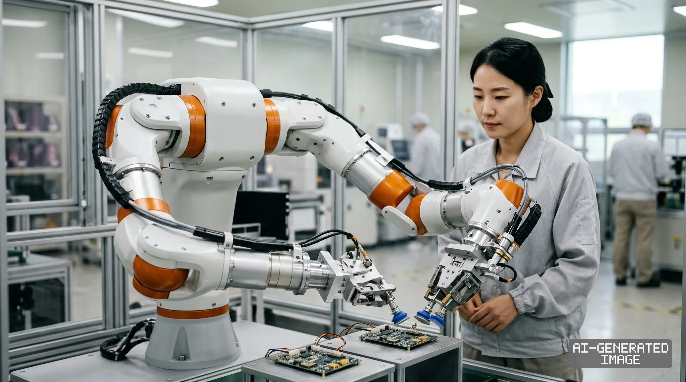 A technician observes a dual-arm collaborative robot assembling electronic circuit boards at a manufacturing facility. (AI-generated image)