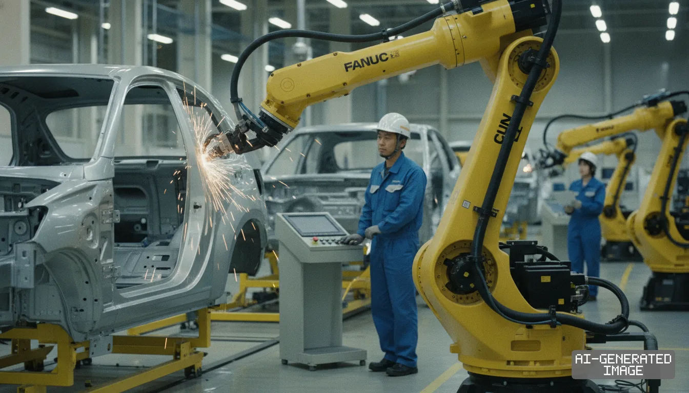 A worker stands at a control console as a yellow FANUC industrial robot welds a car body along an automotive assembly line. (AI-generated image)