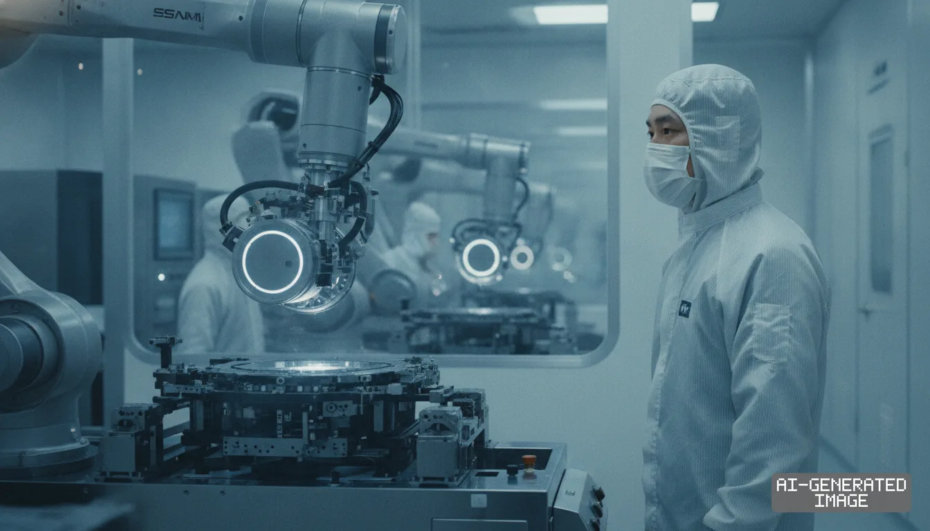 A technician in a cleanroom suit monitors automated robotic machinery inside a semiconductor manufacturing facility. (AI-generated image)