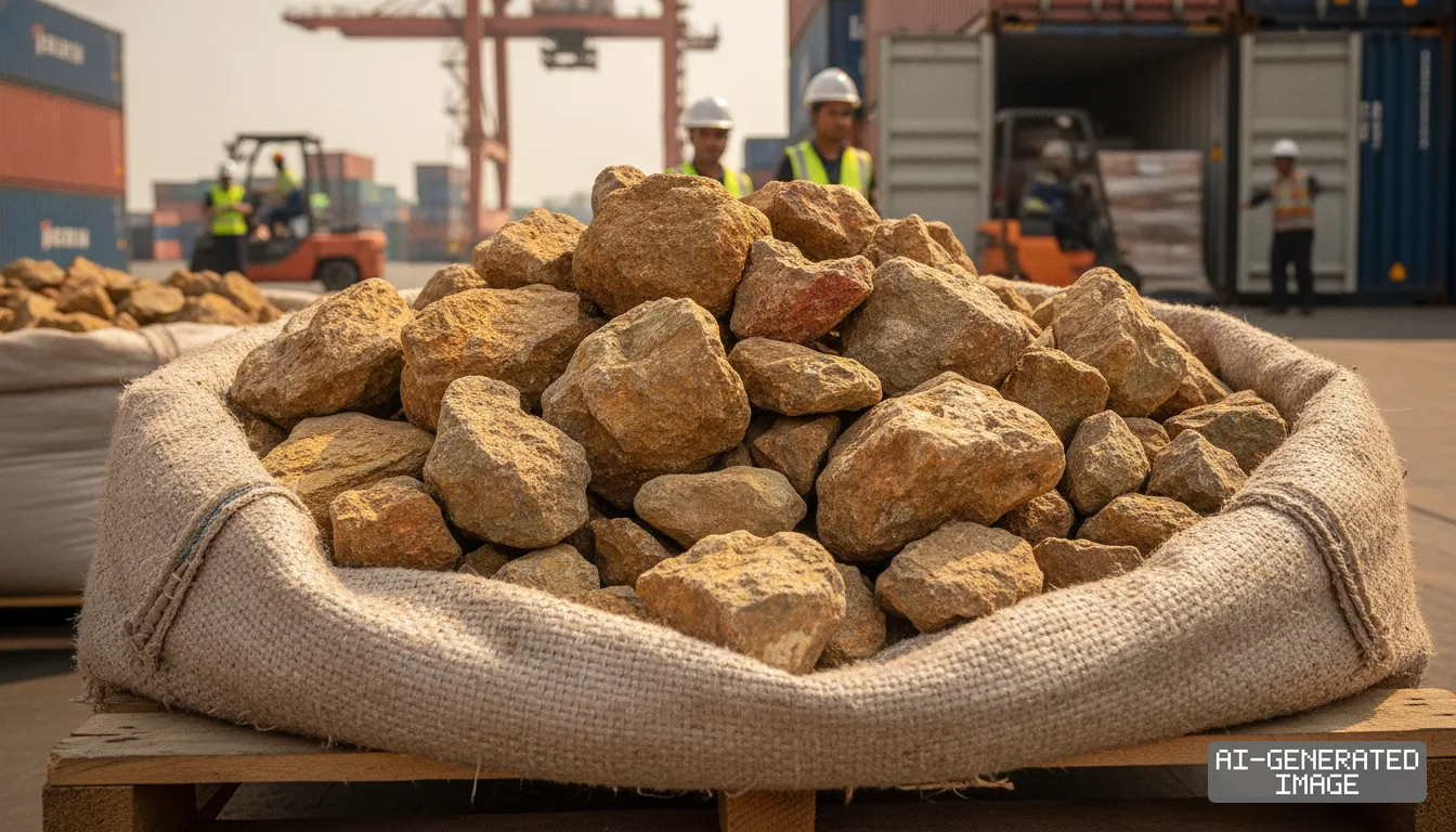 Sacks of raw mineral ore rest on a wooden pallet at a container terminal as workers and forklifts handle cargo in the background. (AI-generated image)
