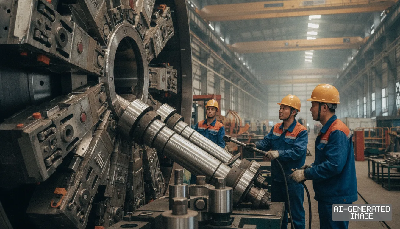 Factory workers in hard hats assemble components of a large tunnel boring machine inside a manufacturing facility. (AI-generated image)