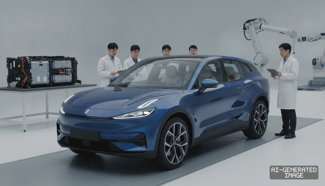 Engineers in lab coats inspect a blue Zeekr 7X electric SUV and an electric battery pack inside a benchmarking facility. (AI-generated image)