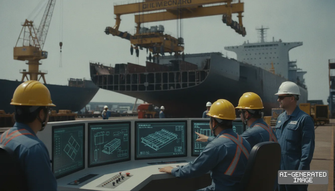 Shipyard workers review digital blueprints at an outdoor control station as a large vessel is assembled under a gantry crane. (AI-generated image)