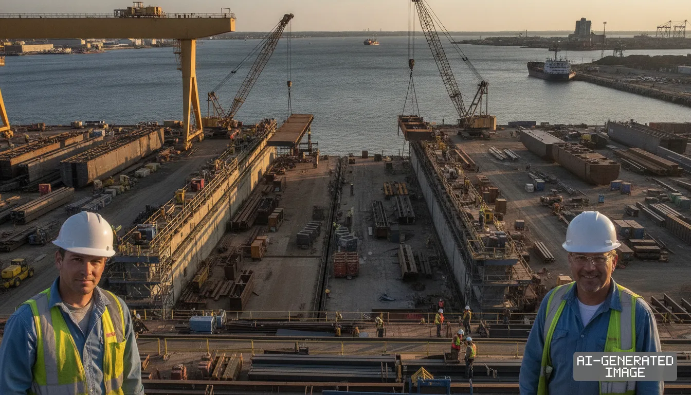 Two workers wearing hard hats and safety vests overlook a waterfront shipyard facility equipped with drydocks and cranes. (AI-generated image)