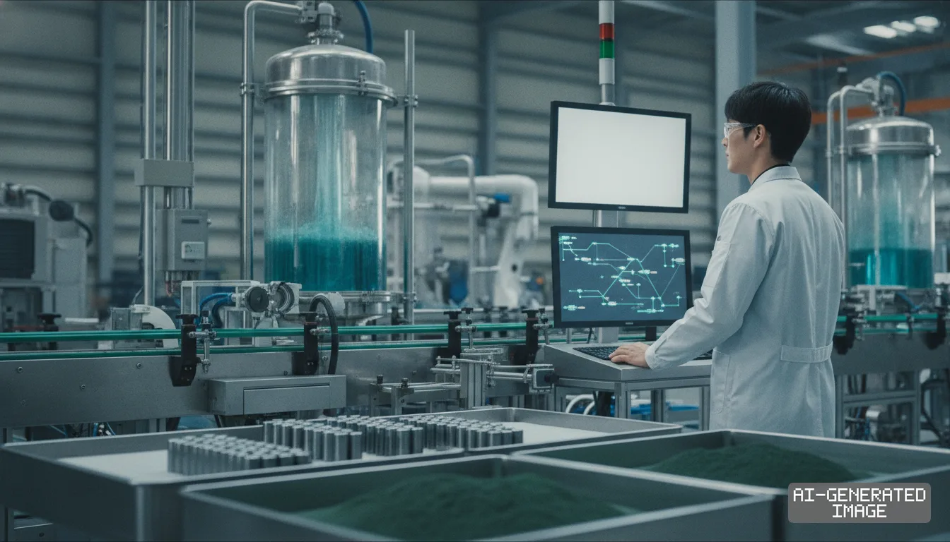 A technician in a lab coat operates a computer terminal along an automated battery materials production line. (AI-generated image)