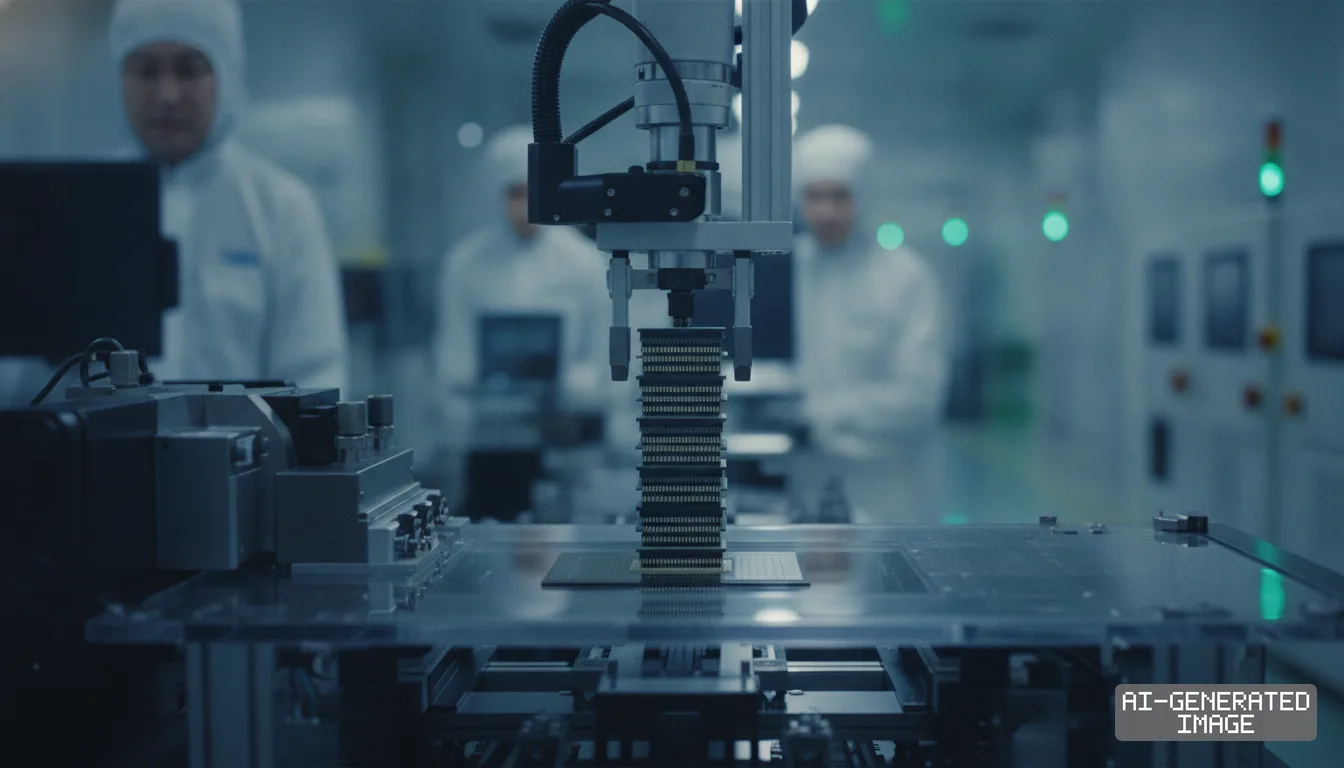 An automated robotic arm stacks memory chips on a cleanroom assembly line as technicians in protective suits work in the background. (AI-generated image)