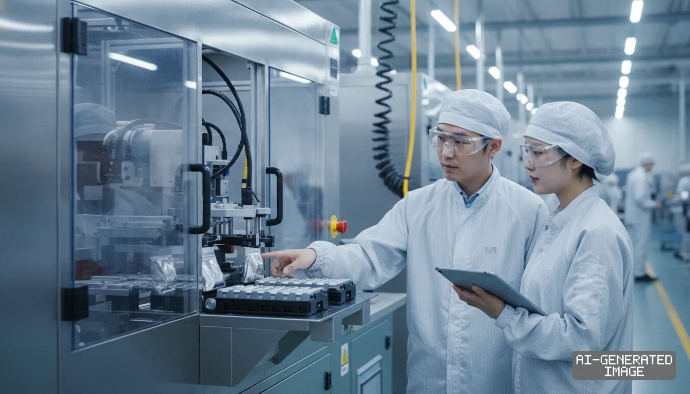 Two technicians in protective gear inspect automated battery cell packaging equipment using a digital tablet. (AI-generated image)