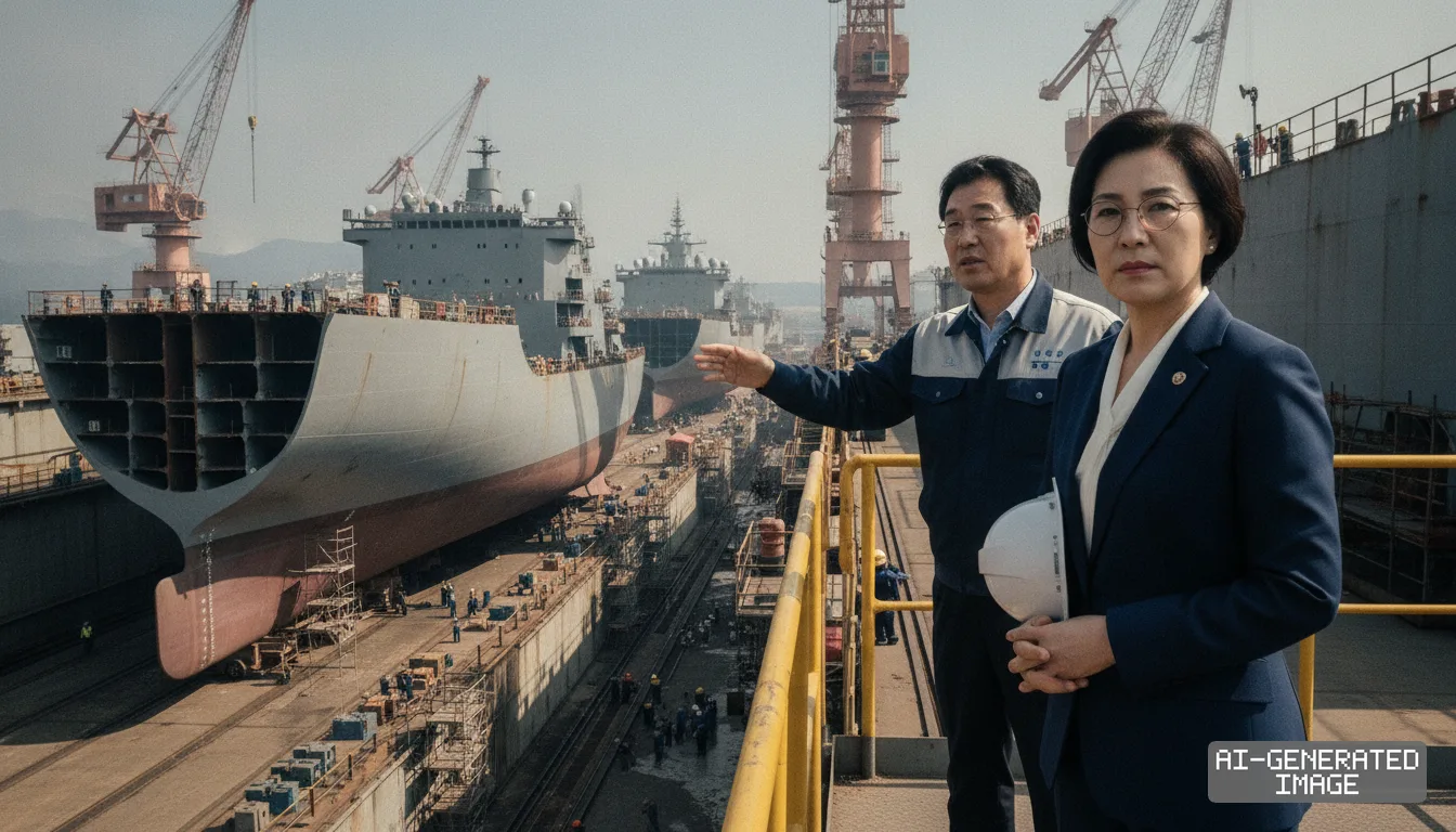 A shipyard representative gestures toward large vessels in a dry dock during a facility tour with a visiting official. (AI-generated image)