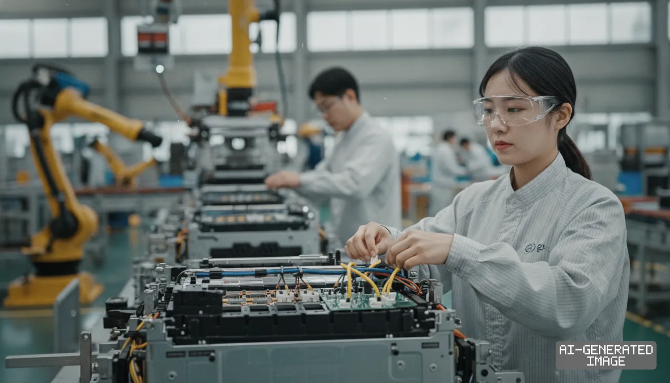 Workers assemble electric vehicle battery components along a manufacturing line equipped with robotic arms. (AI-generated image)