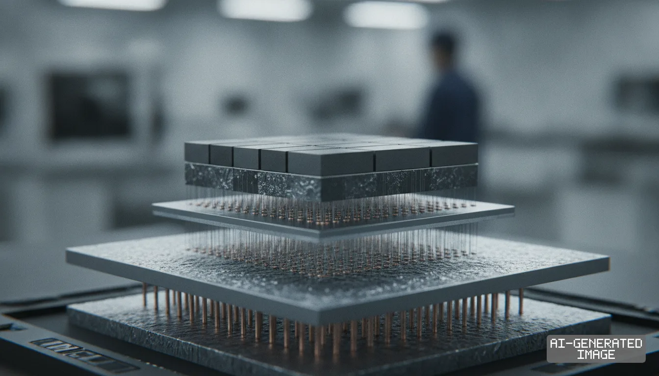 A semiconductor model displays vertically stacked chip layers connected by dense vertical pins in a cleanroom setting. (AI-generated image)