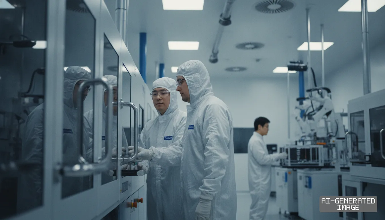 Engineers in protective cleanroom suits examine manufacturing machinery inside an advanced semiconductor facility. (AI-generated image)