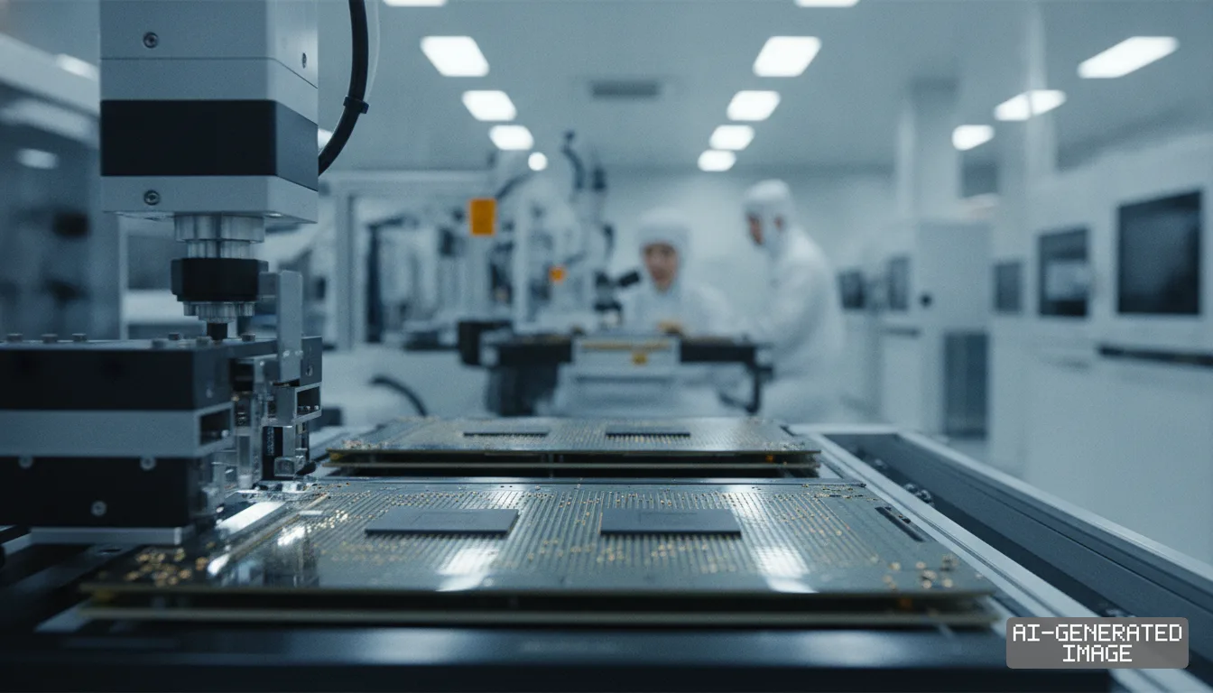Automated machinery processes advanced packaging substrates inside a cleanroom facility as technicians work in the background. (AI-generated image)