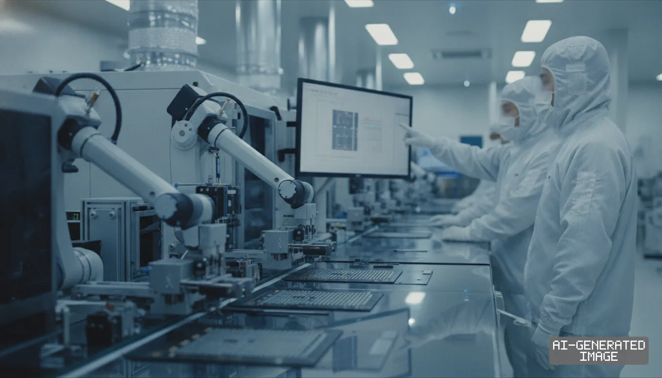 Workers in protective cleanroom suits monitor automated machinery and digital displays along an advanced semiconductor packaging line. (AI-generated image)
