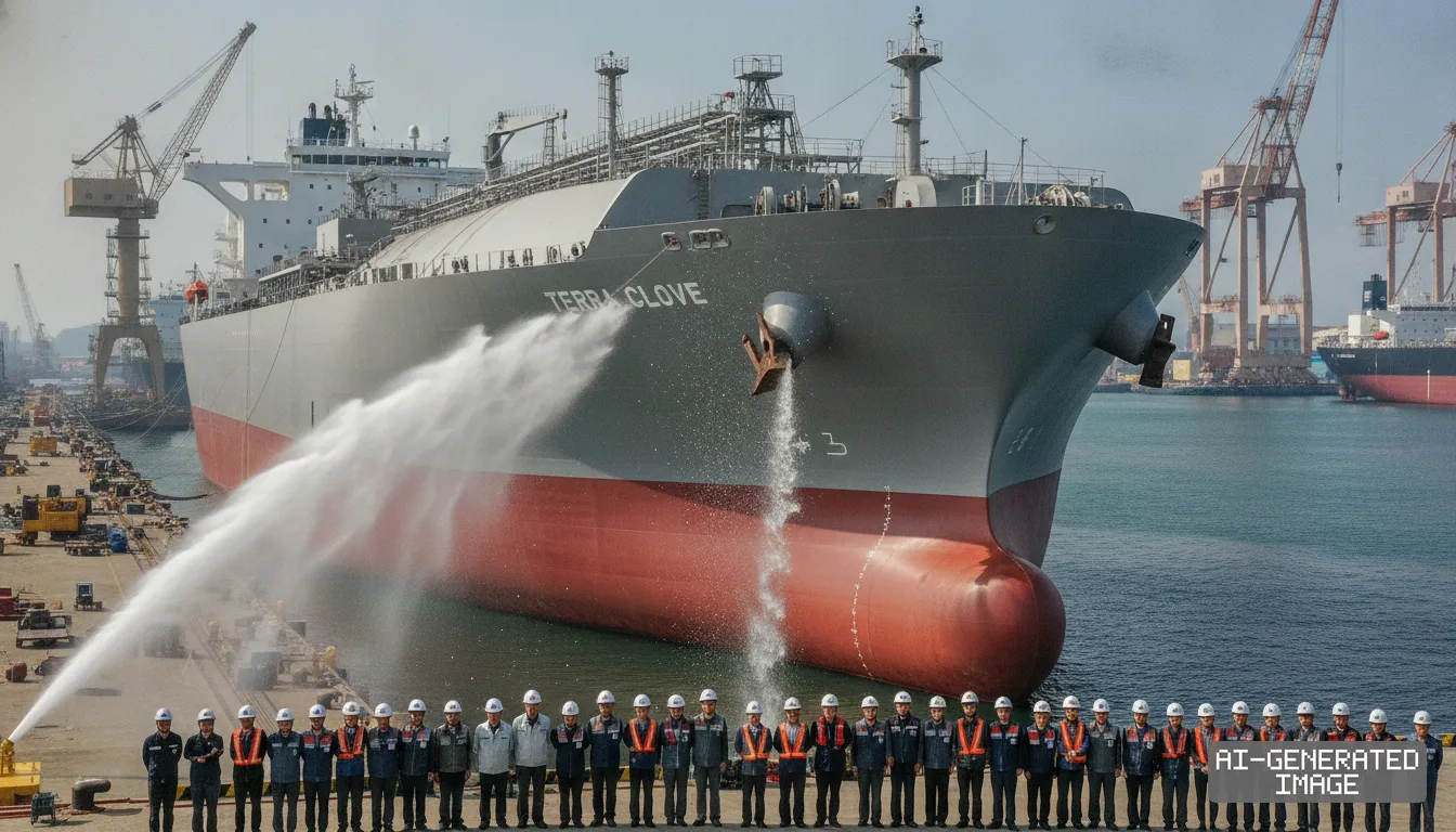 Shipyard workers stand in front of the ammonia-powered gas carrier Terra Clove as water sprays beside the vessel at the Ulsan shipyard. (AI-generated image)