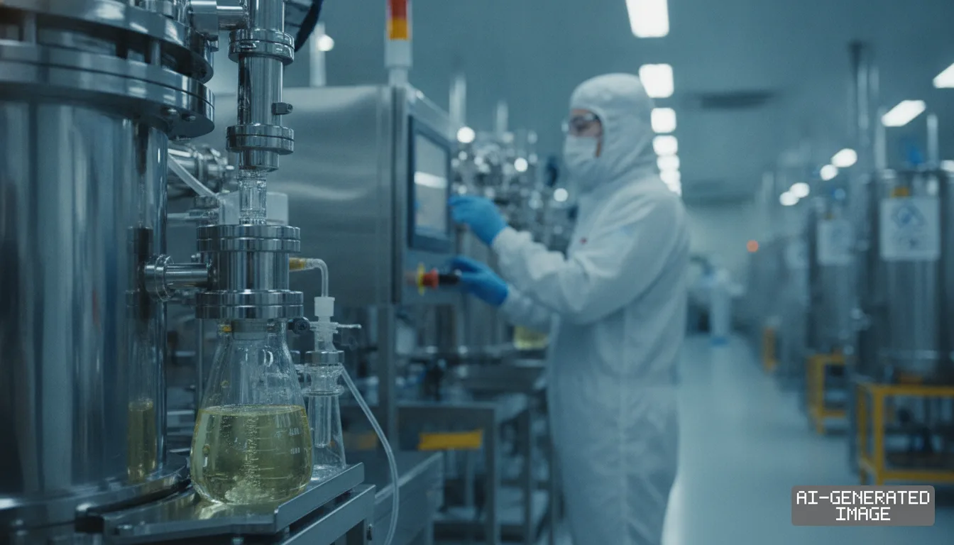 A technician in a cleanroom suit operates equipment at the precursor plant in Eumseong, South Korea. (AI-generated image)