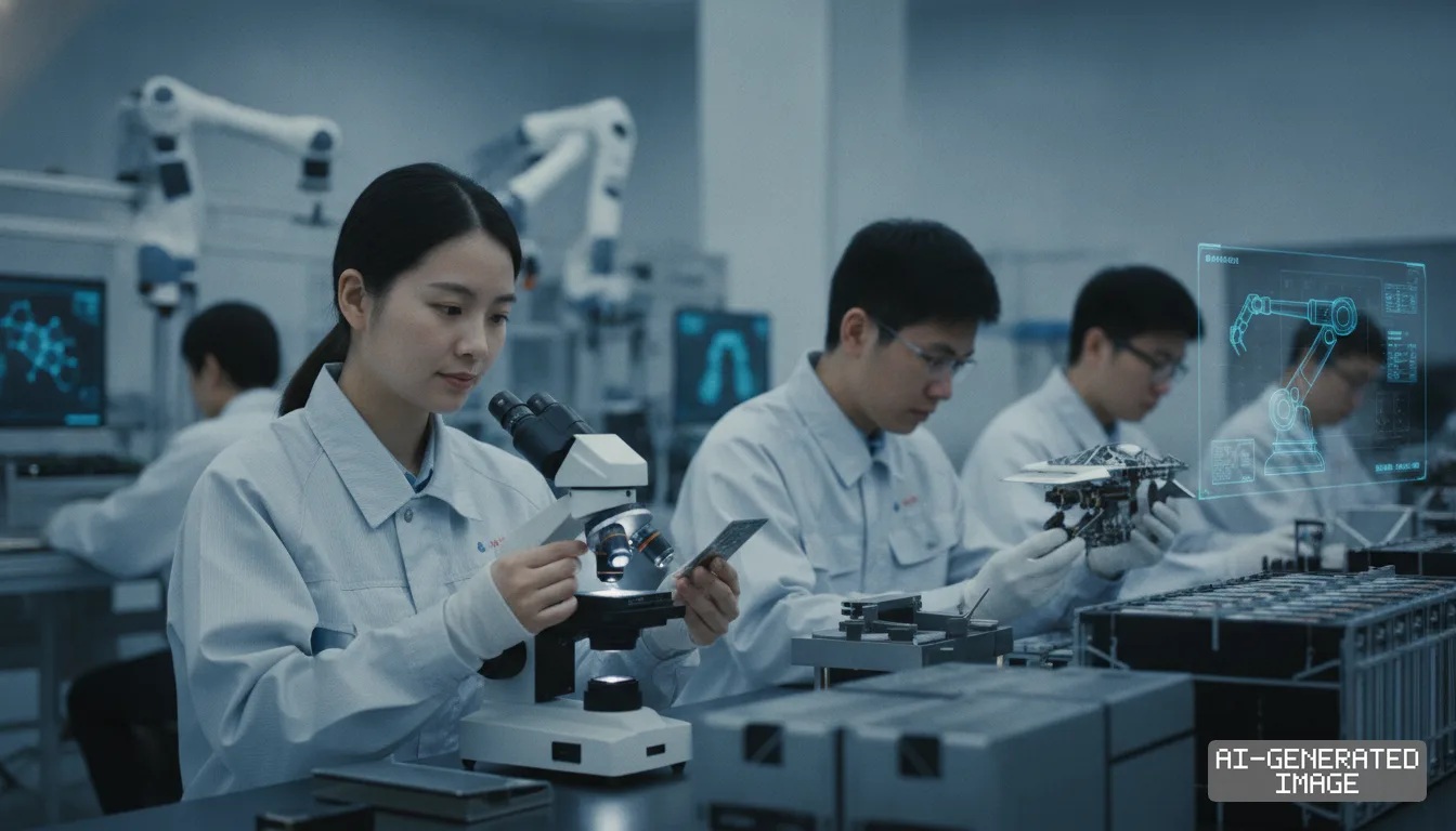 Technicians in lab coats inspect microelectronics and robotic hardware inside an advanced technology laboratory in China. (AI-generated image)
