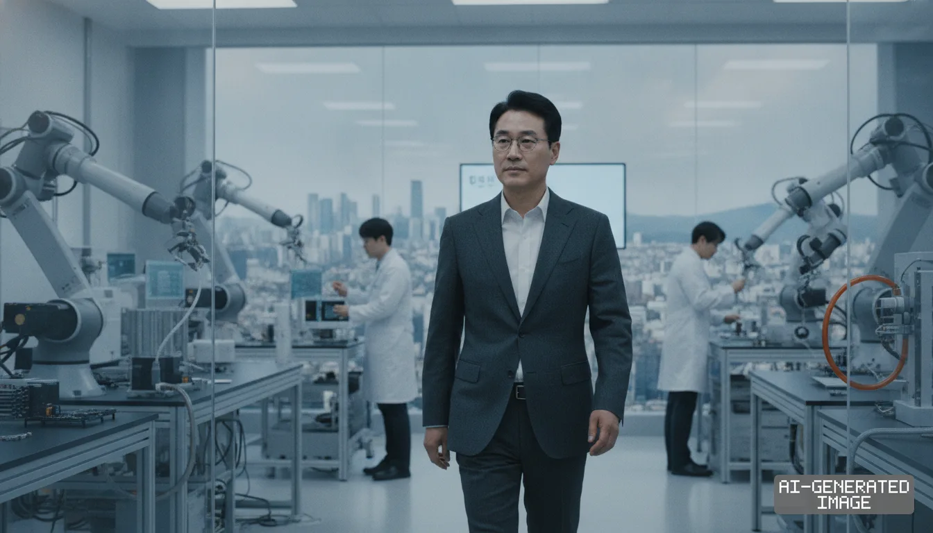 A man in a suit walks through a high-tech robotics laboratory as researchers work with robotic arms overlooking a city skyline. (AI-generated image)