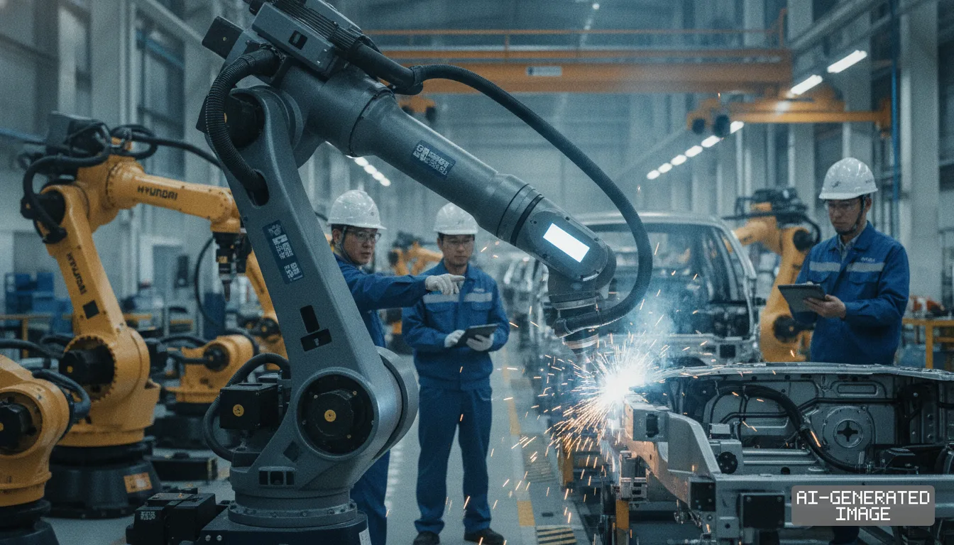 Technicians monitor robotic arms welding a vehicle chassis on an automotive factory production line. (AI-generated image)