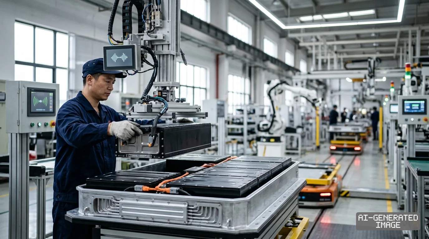 A factory worker uses a mechanical arm to place a battery module into an electric vehicle battery pack on an assembly line. (AI-generated image)