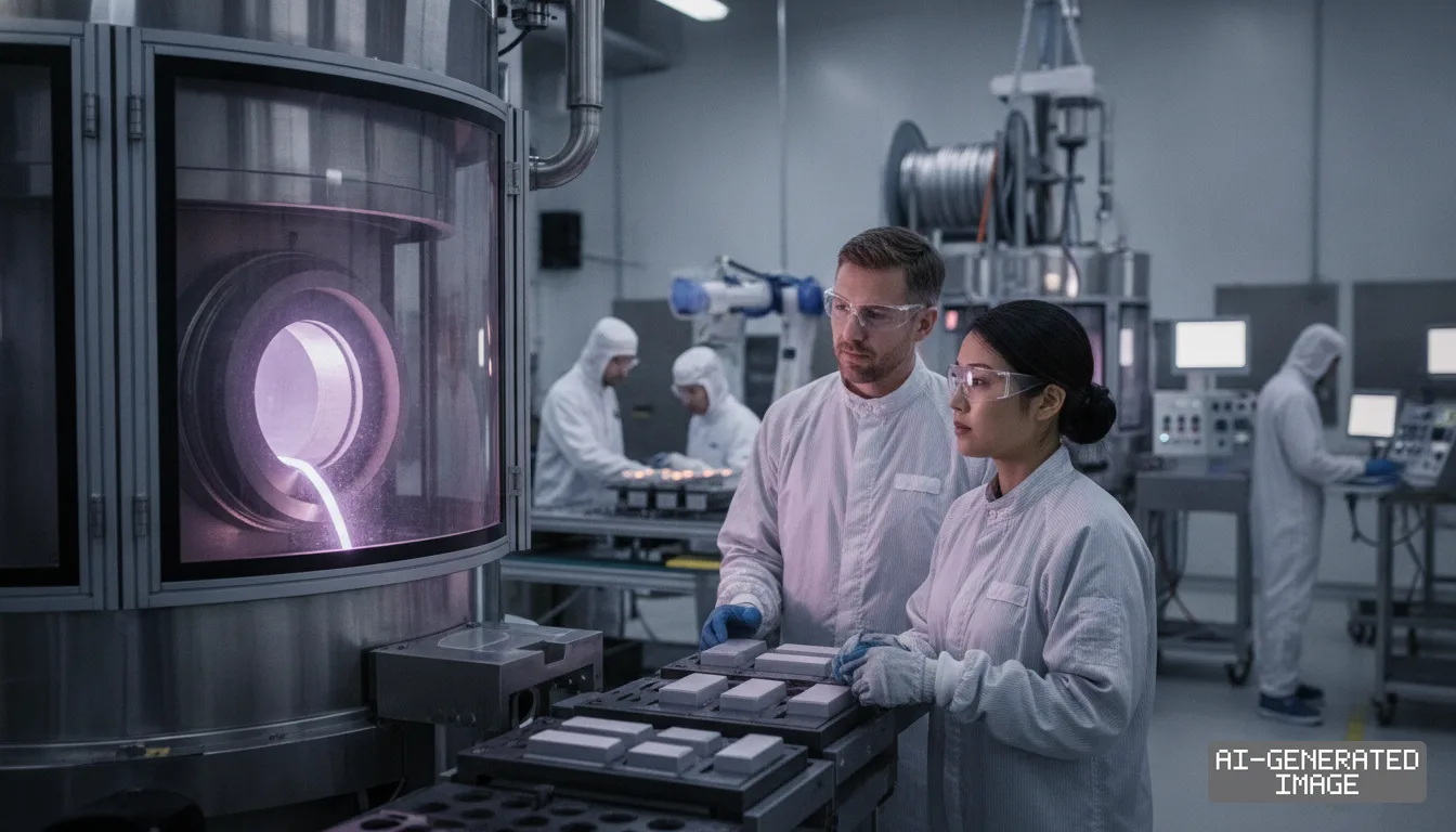 Technicians in protective gear watch molten metal pour from a furnace inside a semiconductor packaging materials facility. (AI-generated image)