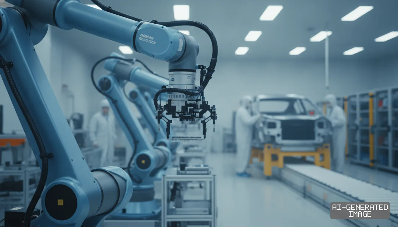 Robotic arms stand along an automotive assembly line as technicians in protective suits inspect a vehicle frame. (AI-generated image)