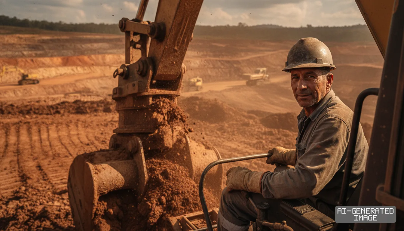 A worker sits inside an excavator at an open-pit mine where heavy equipment digs into clay deposits in Brazil. (AI-generated image)