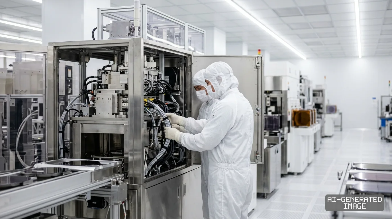 Technicians in cleanroom suits adjust semiconductor manufacturing equipment beside a conveyor line carrying silicon wafers. (AI-generated image)