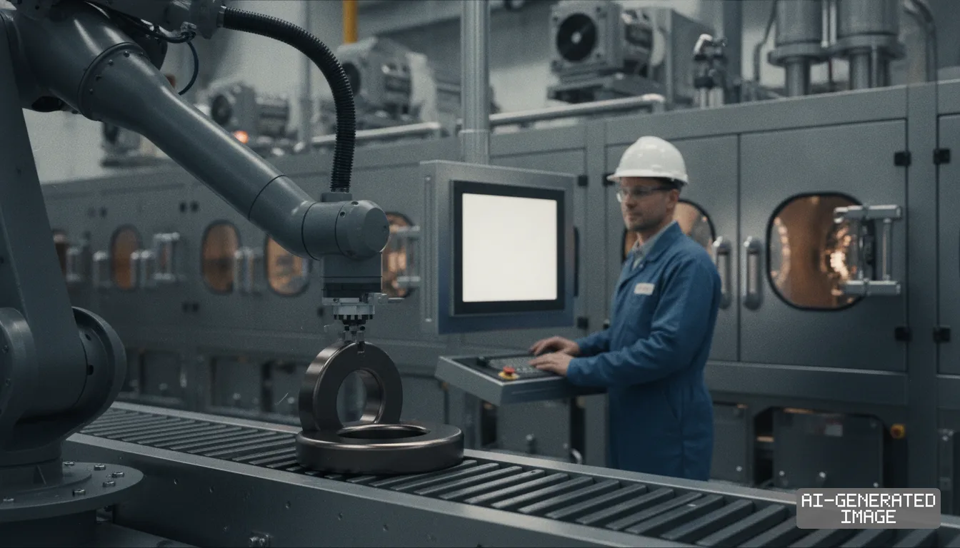 A technician monitors automated equipment as a robotic arm moves large metal rings along a conveyor belt in a manufacturing facility. (AI-generated image)