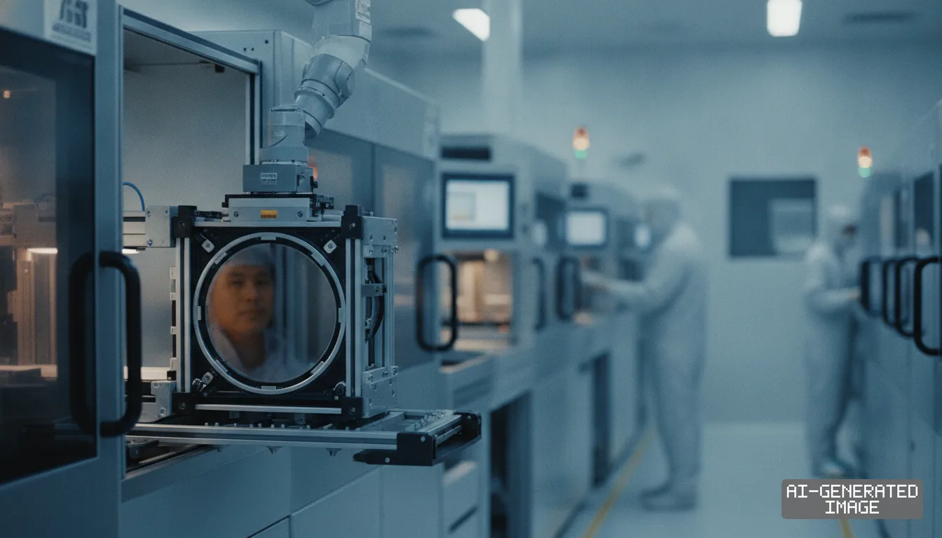Technicians in protective cleanroom suits work alongside automated machinery inside a semiconductor manufacturing facility. (AI-generated image)