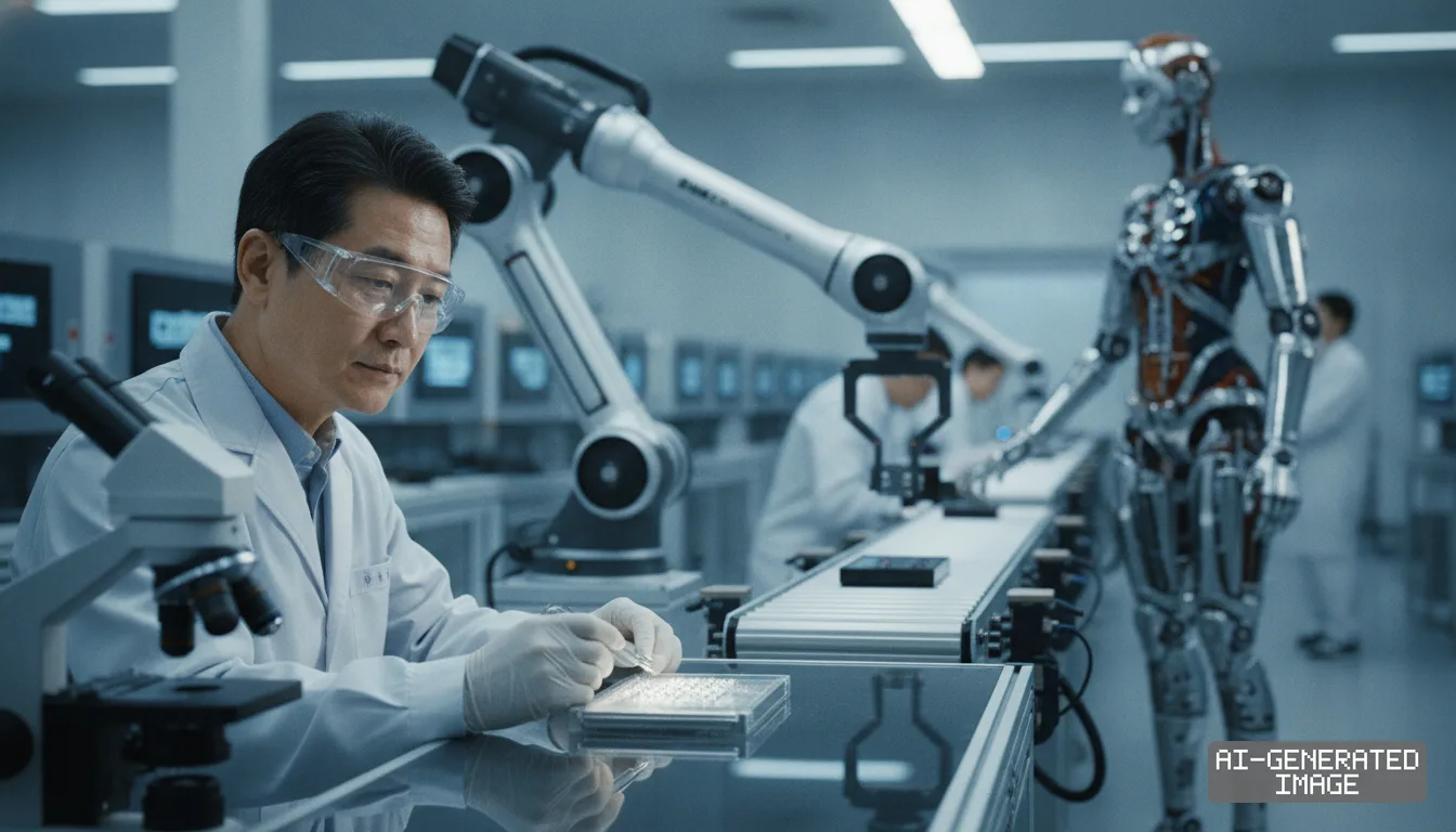 A researcher works in an advanced laboratory alongside robotic arms and a humanoid robot on an automated line. (AI-generated image)