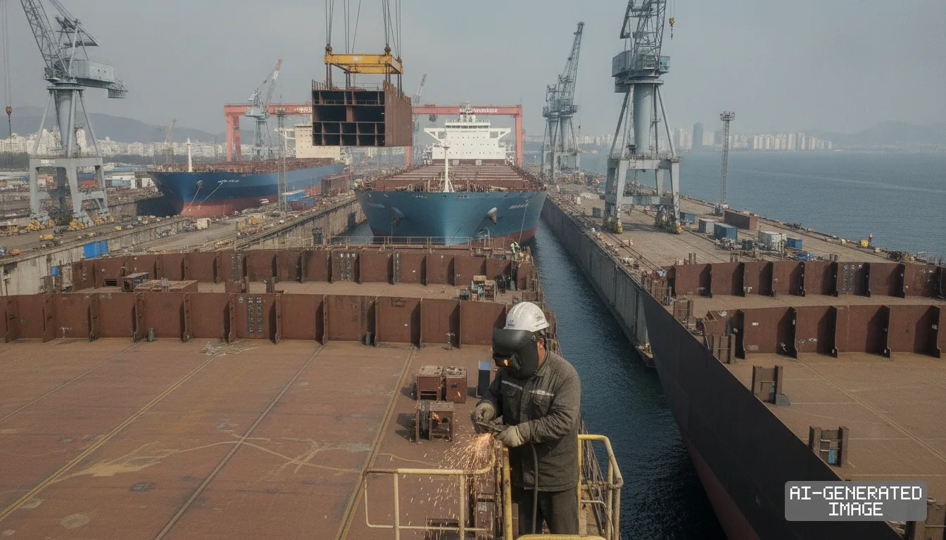 A laborer works on a vessel under construction as large cranes and ships fill an HD Hyundai Heavy Industries shipyard. (AI-generated image)