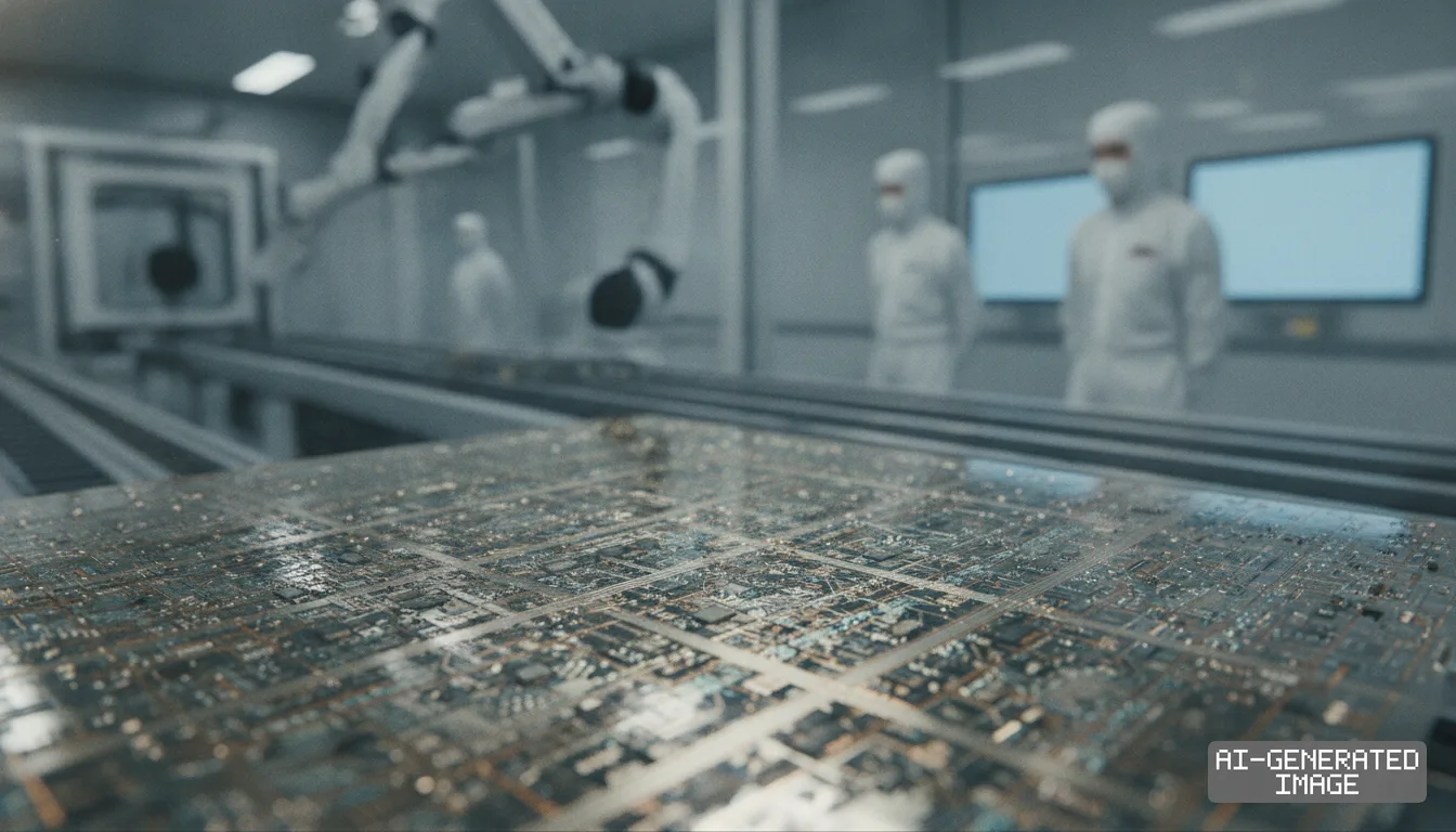 Workers in protective suits monitor an automated semiconductor manufacturing line featuring robotic arms and intricate microcircuitry. (AI-generated image)