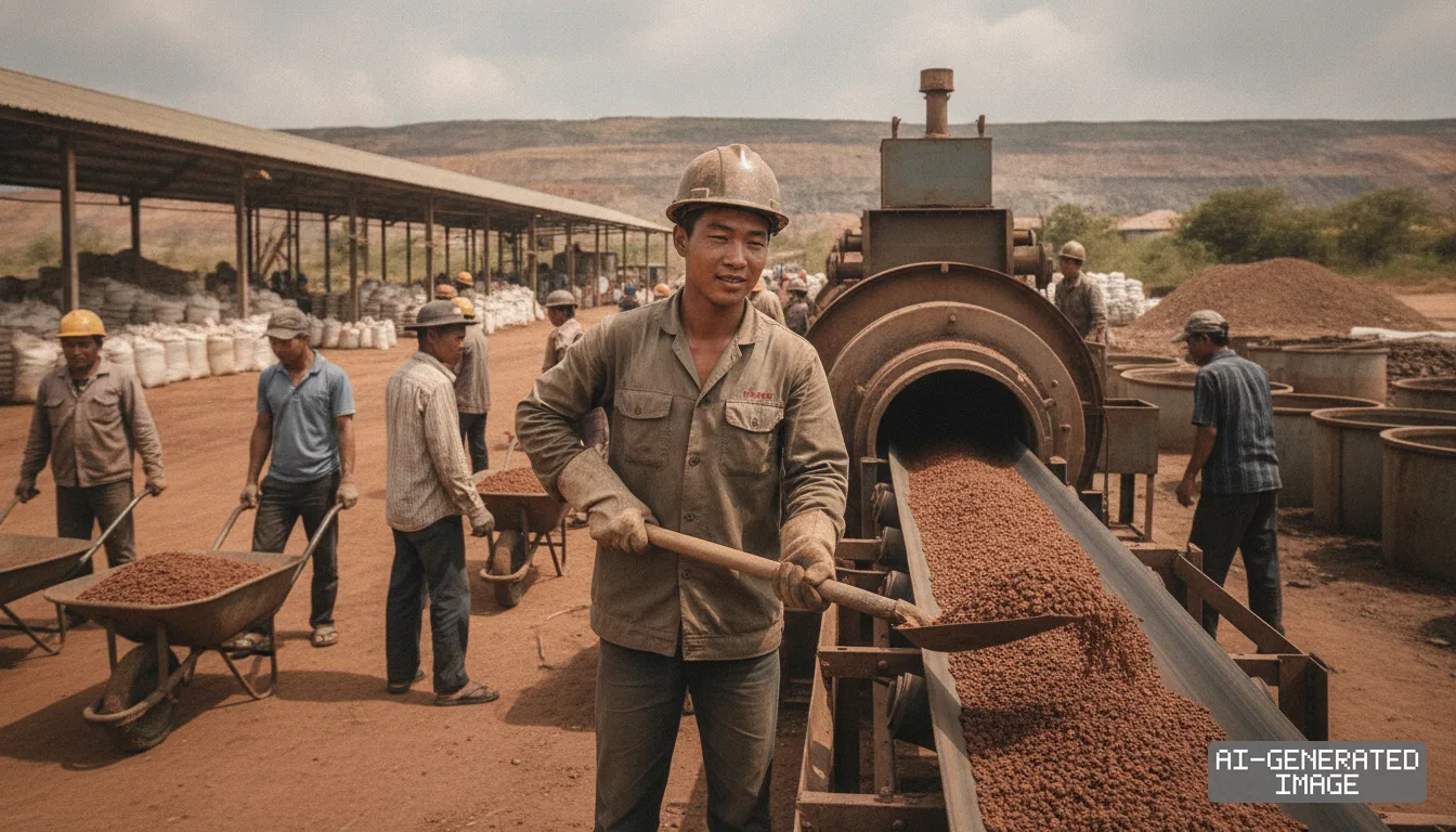 Workers shovel raw mineral feedstock onto a conveyor belt at an open-air processing facility. (AI-generated image)