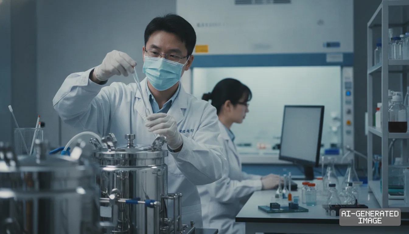 A researcher wearing a mask and gloves works with a pipette near a bioreactor in a biotechnology laboratory. (AI-generated image)