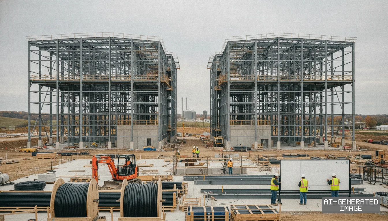 Construction workers stand near large steel frameworks at the Samsung SDI battery plant site in New Carlisle, Indiana. (AI-generated image)