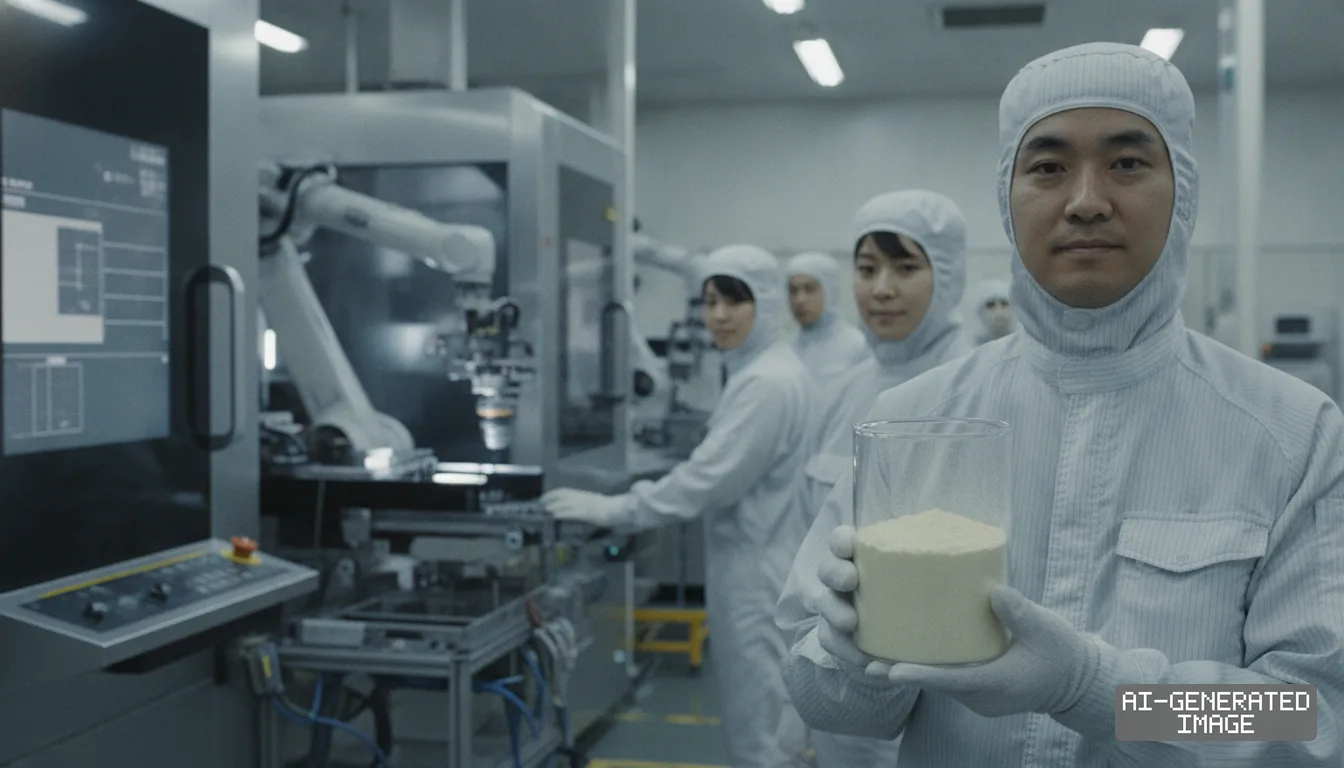 Workers in cleanroom gear stand beside robotic equipment as one displays a container of mineral powder. (AI-generated image)
