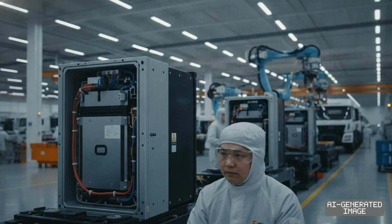A worker in protective gear stands beside battery packs on an automated assembly line inside an electric truck manufacturing facility. (AI-generated image)